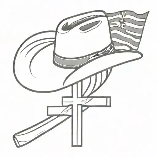 cowboy hat sitting at the top of a cross and American flag intertwined tattoo design idea