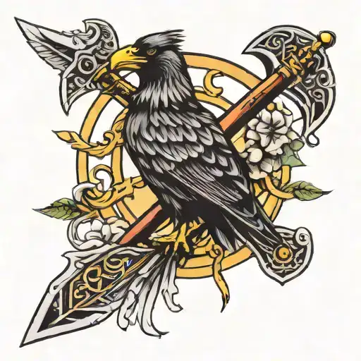 cross sword and vikings symbol and crow tattoo design idea