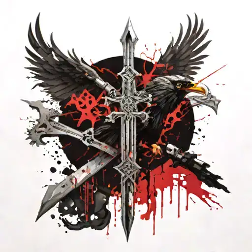 cross sword and vikings valhala symbol and crow tattoo design idea
