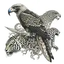 leg sleeve - wedge tail eagle, moon, king cobra & 2 eastern brown snakes, tiger, horse & monkey.  tattoo design idea