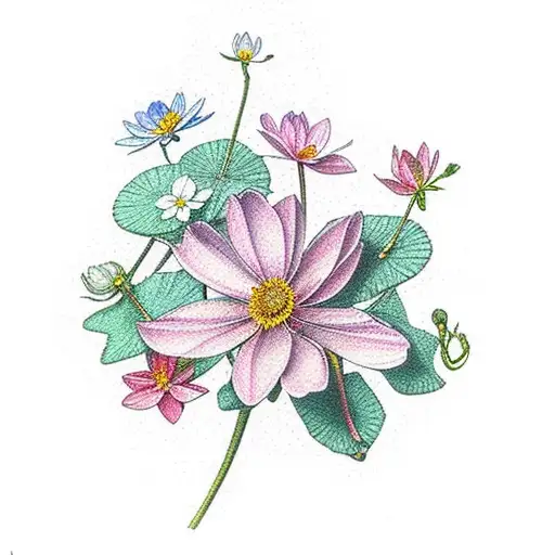 geranium, cherry blossom, roses, lotus, aster, cosmos, camellia and narcissus flower tattoo design idea