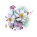 geranium, cherry blossom, roses, lotus, aster, cosmos, camellia and narcissus flower tattoo design idea