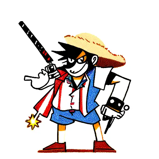 straw hat jolly roger with lightsaber and tenth doctor's sonic screwdriver tattoo design idea