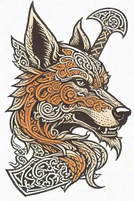 nordic wolf head etched in viking axe tattoo design idea