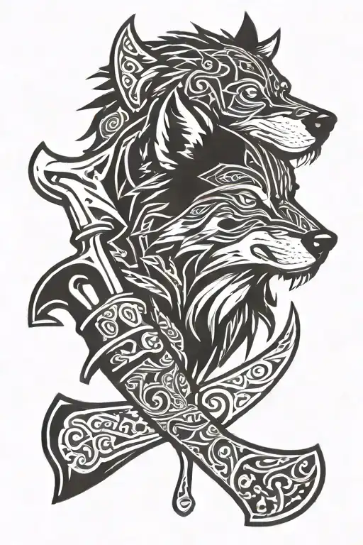 nordic wolf head etched in viking axe tattoo design idea