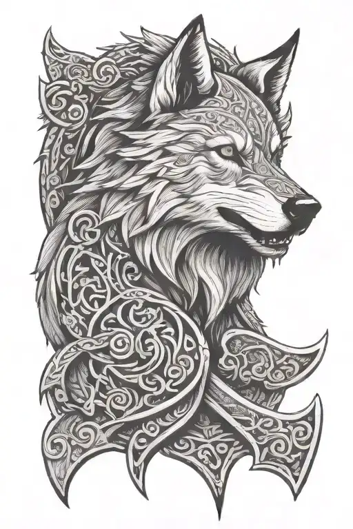 nordic wolf head etched in viking axe tattoo design idea
