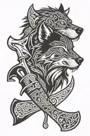 nordic wolf head etched in viking axe tattoo design idea