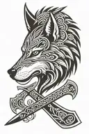 nordic wolf head etched in viking axe tattoo design idea
