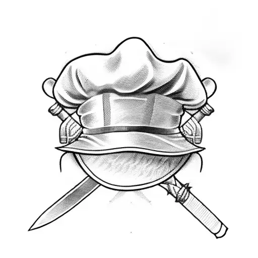 Chef hat crossed with 2 katana swords in x shape in the bottom of the chef cap tattoo design idea