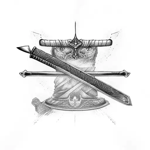  2 katana swords in x shape in the bottom of the chef cap tattoo design idea