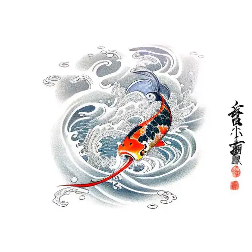 A fierce koi carp swimming gracefully through a turbulent wave tattoo design idea