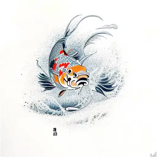 A fierce koi carp swimming gracefully through a turbulent wave tattoo design idea