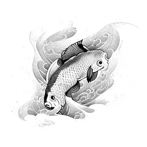 A fierce koi carp swimming gracefully through a turbulent wave tattoo design idea