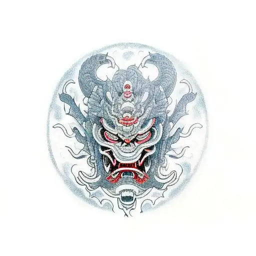 An oni mask with intricate patterns and a coiling Japanese dragon tattoo design idea