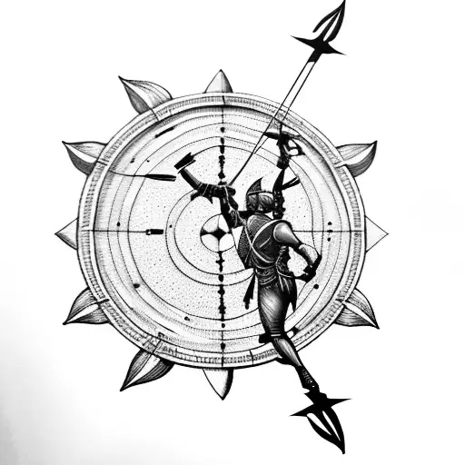 Sagittarius the archer  shooting an arrow toward  clock  tattoo design idea