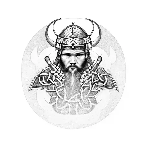 A dotwork tattoo of a Viking warrior wearing a Celtic-inspired helmet, surrounded by Asian dragon motifs and mountain landscapes tattoo design idea