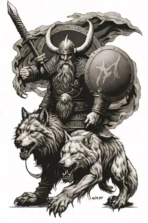 Viking with a shield And a wolf howling tattoo design idea