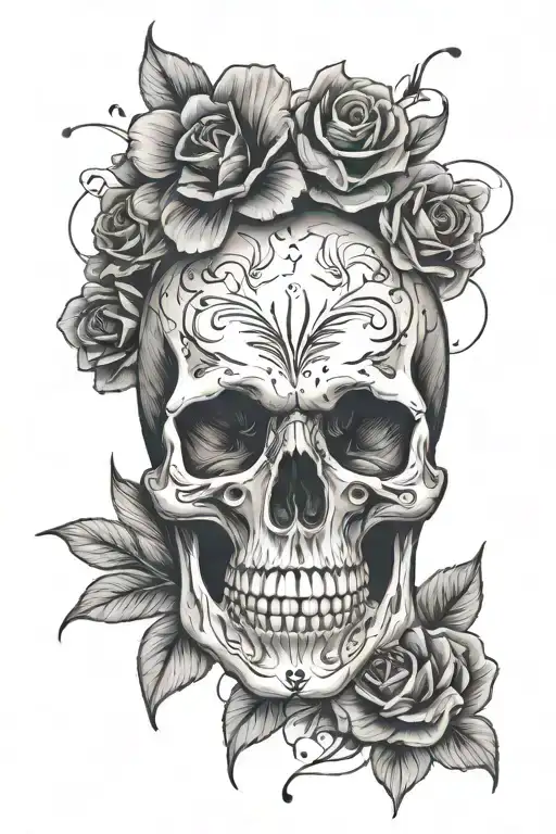 Skull, flowers, lines, splashes,  tattoo design idea