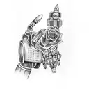 robot hand holding rose tattoo design idea