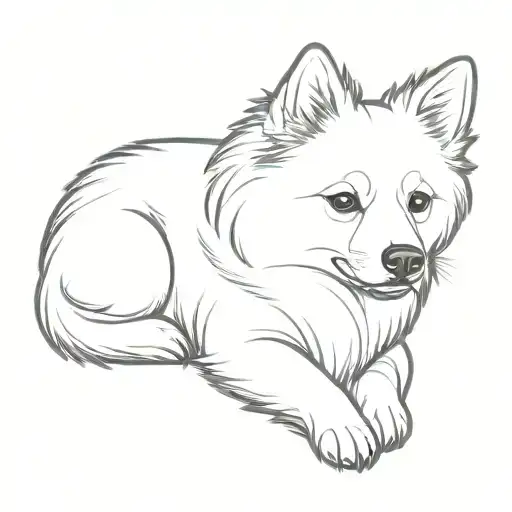 pomerarian dog sleeping on four legs and looking straight in the eyes with smile tattoo design idea