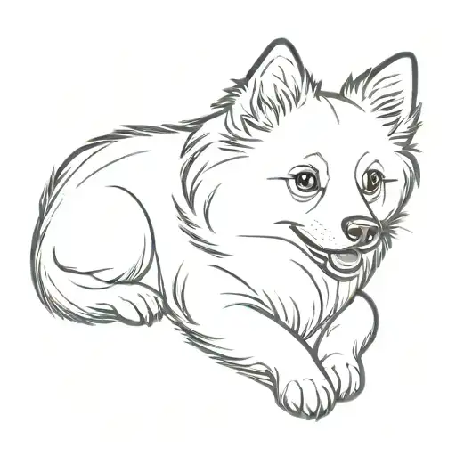pomerarian dog sleeping on four legs and looking straight in the eyes with smile tattoo design idea