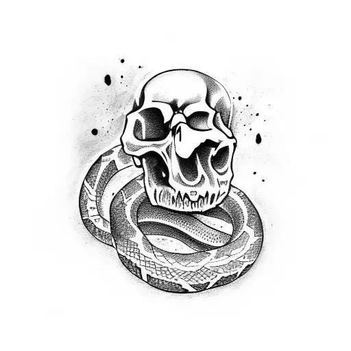 crow and snake on skull tattoo design idea