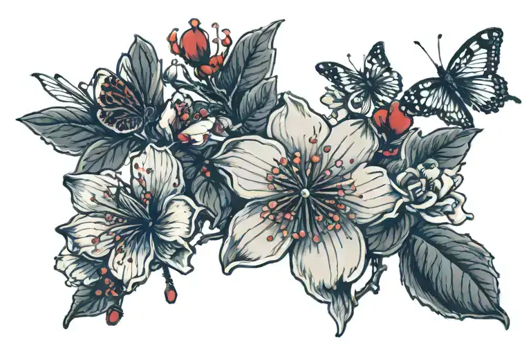 small cherry blossom and small butterflies red ink with lines tattoo design idea