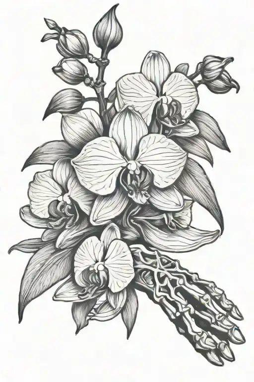 skeleton hand holding orchid tattoo design idea