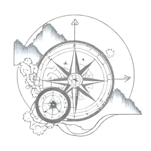 Abstract interpretation of the Pisces zodiac sign intertwined with a compass set mountains with sun set tattoo design idea