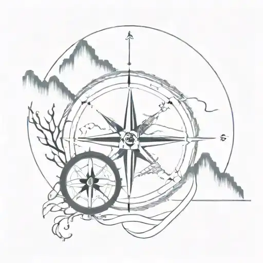 Abstract interpretation of the Pisces zodiac sign intertwined with a compass set mountains tattoo design idea