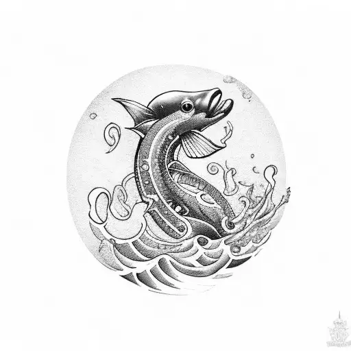 An intricate blackwork tattoo of a majestic sea creature surrounded by waves, incorporating the letter 'E' tattoo design idea