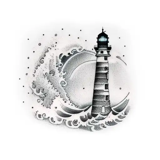 A dotwork tattoo of a lighthouse standing tall amidst crashing waves, with the letter 'E' subtly hidden within the structure tattoo design idea