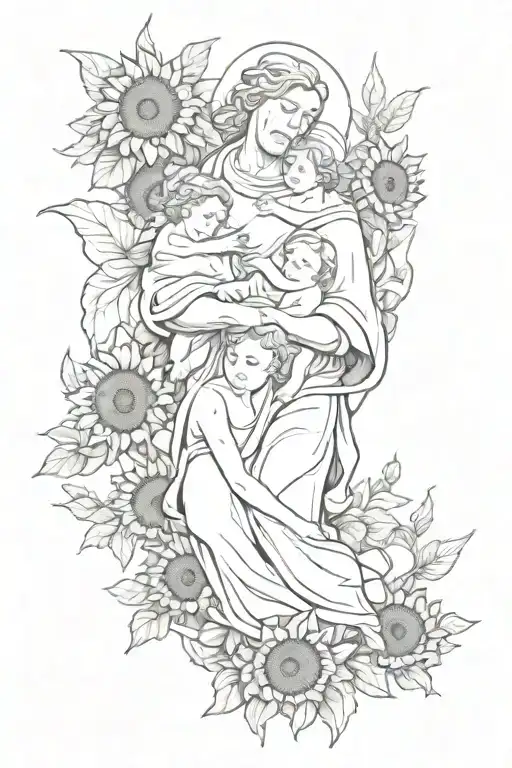 A sketch-style tattoo design of a father angel holding his three sons in his arms, surrounded by sunflowers as a symbol of love and protection tattoo design idea