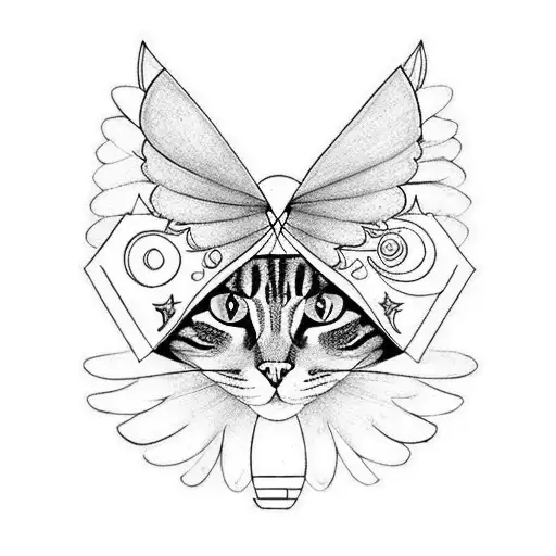 A cat with a crescent moon on its forehead and wings on its back tattoo design idea