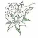 music notes as sheet music with a white edelweiss flower behind them. small, no bigger than 3 inches minimalistic piece  tattoo design idea