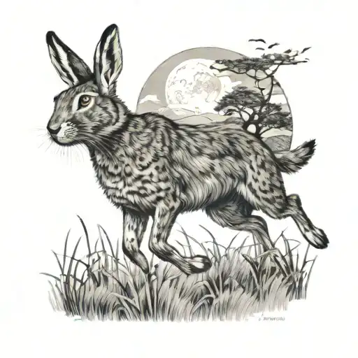 Circular black ink hare and cat running through fields with hills and moon in background  tattoo design idea