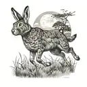 Circular black ink hare and cat running through fields with hills and moon in background  tattoo design idea