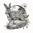 Circular black ink hare and cat running through fields with hills and moon in background  tattoo design idea