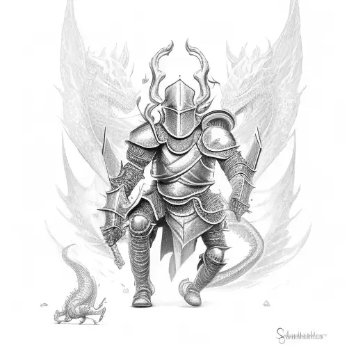 knight  using sheld to dodge a dragon spitting life's stress and fire  tattoo design idea