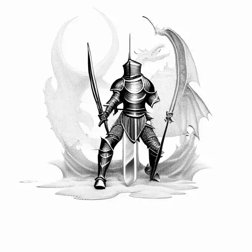 knight  using sheld to dodge a dragons fire  tattoo design idea