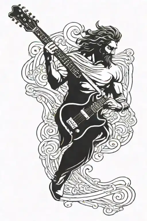 A metal music inspired tattoo of a greek god playing an electric guitar in blackwork style tattoo design idea