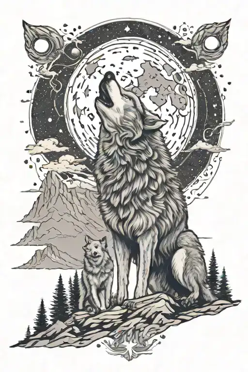 nature family mountains wolf howling at the moon tattoo design idea
