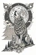 nature family mountains wolf howling at the moon tattoo design idea