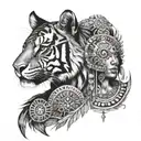 Aztec women face with Aztec calendar and a tiger emerging tattoo design idea
