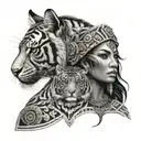 Aztec women face with Aztec calendar and a tiger emerging tattoo design idea