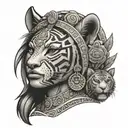 Aztec women face with Aztec calendar and a tiger emerging tattoo design idea
