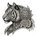 Aztec women face with Aztec calendar and a tiger emerging tattoo design idea