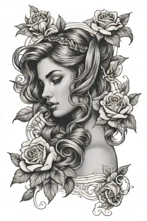 detailed aphrodite portrait tattoo. black and grey. with roses, a dove, and a seashell on the back of an arm tattoo design idea