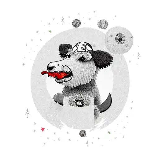 A new-school tattoo design with a cute sheepadoodle wearing a dinosaur costume tattoo design idea