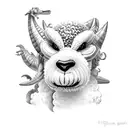 A new-school tattoo design with a cute sheepadoodle wearing a dinosaur costume tattoo design idea